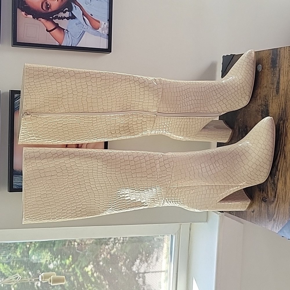 Nasty Gal Faux Leather Croc Knee High Pointed Boots